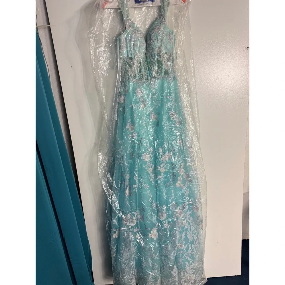 Morrell Maxie Size 4‎ Aqua White Floral Lace Off Shoulder Formal Gown - Picture 16 of 16